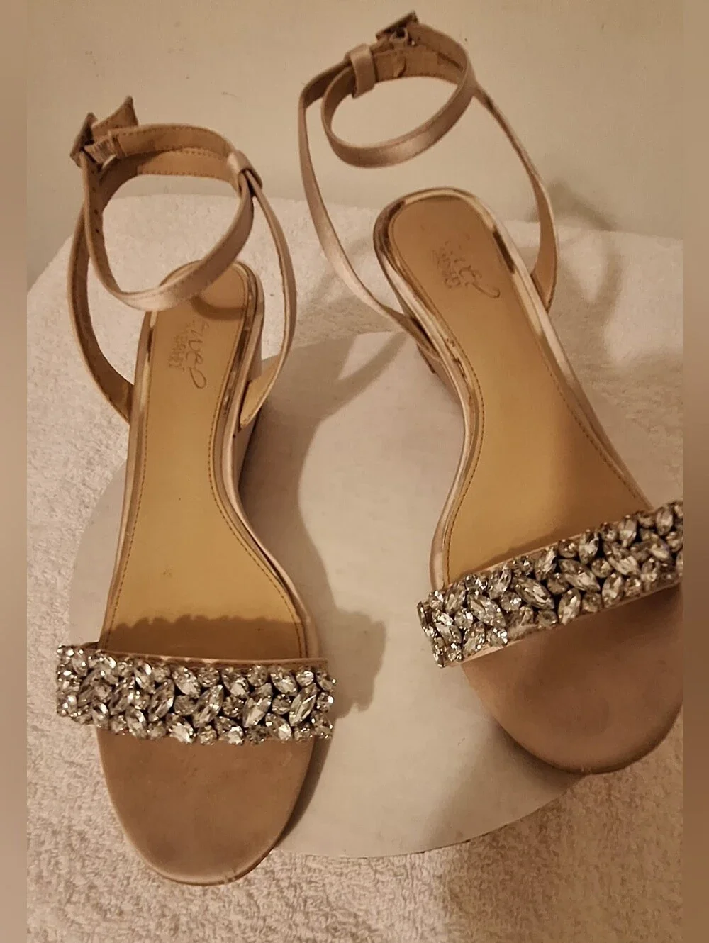 Jewel Badgley Mischka Champagne Satin. Crystal-Strap Open-Toe Sandals